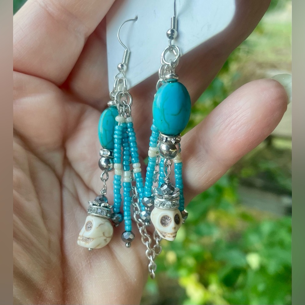 Turquoise and Silver Skull Dangle Earrings - Picture 5 of 6